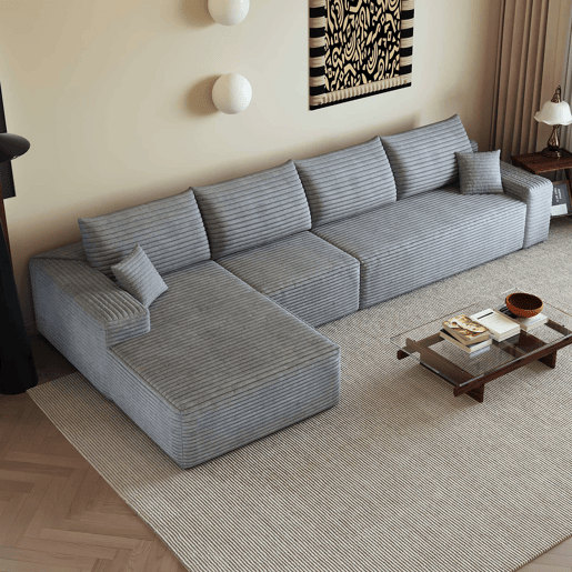 Sofá modular de canto de 340 cm - 4 lugares com chaise longue em L, assento profundo, sem montagem, sofá compacto moderno - Cinzento Sofá modular de canto de 340 cm - 4 lugares com chaise longue em L, assento profundo, sem montagem, sofá compacto moderno - Cinzento