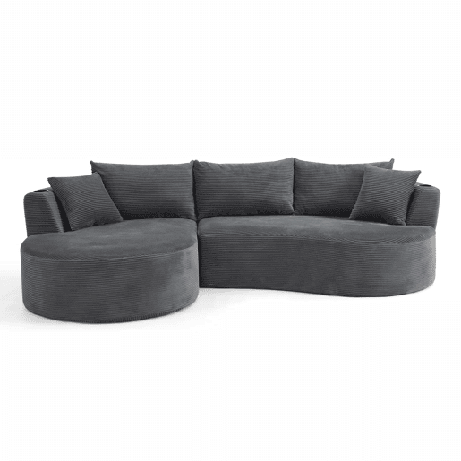 Sofá modular de 3 lugares com chaise longue à esquerda + sofá de 2 lugares - design curvo, tecido de veludo cotelê macio, porta-copos e almofadas, embalado a vácuo - cinzento Sofá modular de 3 lugares com chaise longue à esquerda + sofá de 2 lugares - design curvo, tecido de veludo cotelê macio, porta-copos e almofadas, embalado a vácuo - cinzento