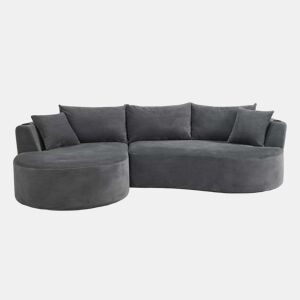 Sofá modular de 3 lugares com chaise longue à esquerda + sofá de 2 lugares - design curvo, tecido de veludo cotelê macio, porta-copos e almofadas, embalado a vácuo - cinzento