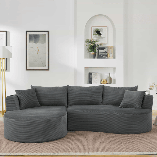 Sofá modular de 3 lugares com chaise longue à esquerda + sofá de 2 lugares - design curvo, tecido de veludo cotelê macio, porta-copos e almofadas, embalado a vácuo - cinzento Sofá modular de 3 lugares com chaise longue à esquerda + sofá de 2 lugares - design curvo, tecido de veludo cotelê macio, porta-copos e almofadas, embalado a vácuo - cinzento