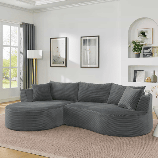 Sofá modular de 3 lugares com chaise longue à esquerda + sofá de 2 lugares - design curvo, tecido de veludo cotelê macio, porta-copos e almofadas, embalado a vácuo - cinzento Sofá modular de 3 lugares com chaise longue à esquerda + sofá de 2 lugares - design curvo, tecido de veludo cotelê macio, porta-copos e almofadas, embalado a vácuo - cinzento