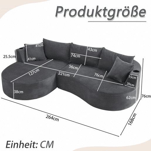 Sofá modular de 3 lugares com chaise longue à esquerda + sofá de 2 lugares - design curvo, tecido de veludo cotelê macio, porta-copos e almofadas, embalado a vácuo - cinzento Sofá modular de 3 lugares com chaise longue à esquerda + sofá de 2 lugares - design curvo, tecido de veludo cotelê macio, porta-copos e almofadas, embalado a vácuo - cinzento