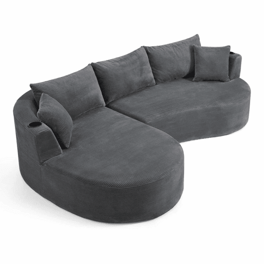 Sofá modular de 3 lugares com chaise longue à esquerda + sofá de 2 lugares - design curvo, tecido de veludo cotelê macio, porta-copos e almofadas, embalado a vácuo - cinzento Sofá modular de 3 lugares com chaise longue à esquerda + sofá de 2 lugares - design curvo, tecido de veludo cotelê macio, porta-copos e almofadas, embalado a vácuo - cinzento