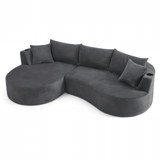 Sofá modular de 3 lugares com chaise longue à esquerda + sofá de 2 lugares - design curvo, tecido de veludo cotelê macio, porta-copos e almofadas, embalado a vácuo - cinzento Sofá modular de 3 lugares com chaise longue à esquerda + sofá de 2 lugares - design curvo, tecido de veludo cotelê macio, porta-copos e almofadas, embalado a vácuo - cinzento