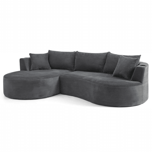 Sofá modular de 3 lugares com chaise longue à esquerda + sofá de 2 lugares - design curvo, tecido de veludo cotelê macio, porta-copos e almofadas, embalado a vácuo - cinzento Sofá modular de 3 lugares com chaise longue à esquerda + sofá de 2 lugares - design curvo, tecido de veludo cotelê macio, porta-copos e almofadas, embalado a vácuo - cinzento