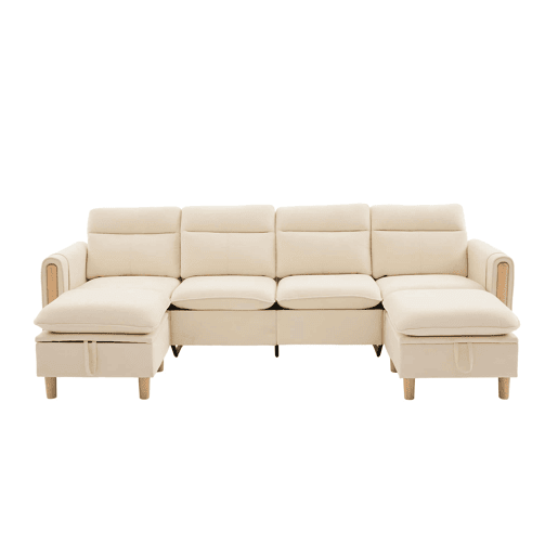 Sofá em U modular de 4 lugares u2014 com duas otomanas com espaço de arrumação, design modular com pés de madeira, tecido de chenille confortável u2014 bege