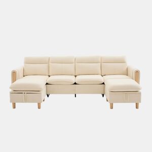 Sofá em U modular de 4 lugares u2014 com duas otomanas com espaço de arrumação, design modular com pés de madeira, tecido de chenille confortável u2014 bege