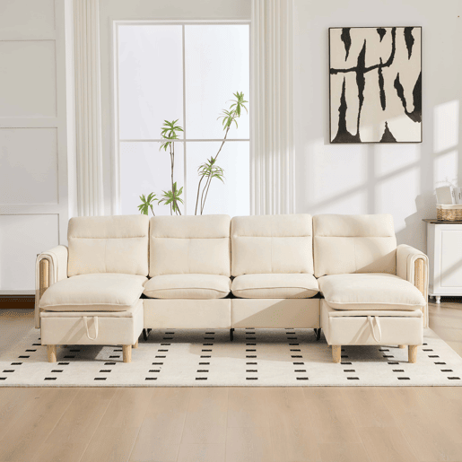 Sofá em U modular de 4 lugares u2014 com duas otomanas com espaço de arrumação, design modular com pés de madeira, tecido de chenille confortável u2014 bege