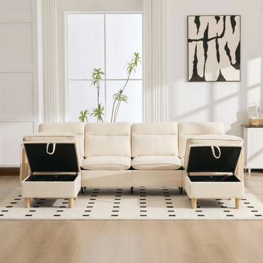 Sofá em U modular de 4 lugares u2014 com duas otomanas com espaço de arrumação, design modular com pés de madeira, tecido de chenille confortável u2014 bege