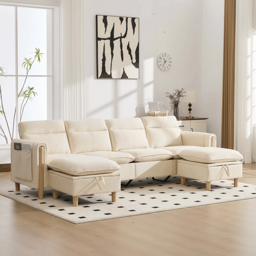 Sofá em U modular de 4 lugares u2014 com duas otomanas com espaço de arrumação, design modular com pés de madeira, tecido de chenille confortável u2014 bege