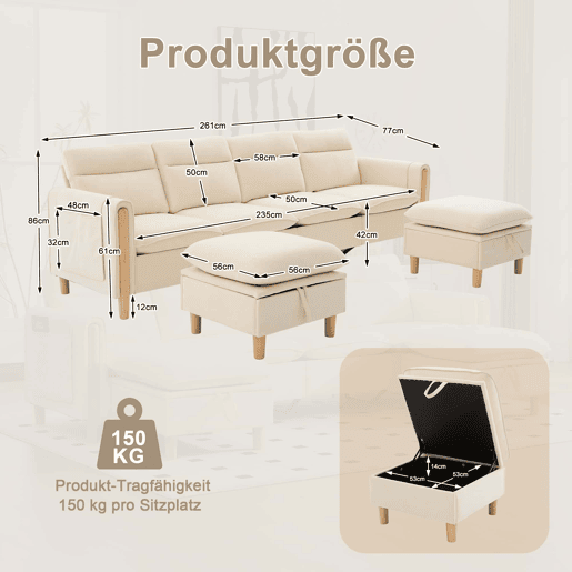 Sofá em U modular de 4 lugares u2014 com duas otomanas com espaço de arrumação, design modular com pés de madeira, tecido de chenille confortável u2014 bege
