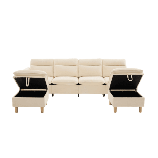 Sofá em U modular de 4 lugares u2014 com duas otomanas com espaço de arrumação, design modular com pés de madeira, tecido de chenille confortável u2014 bege