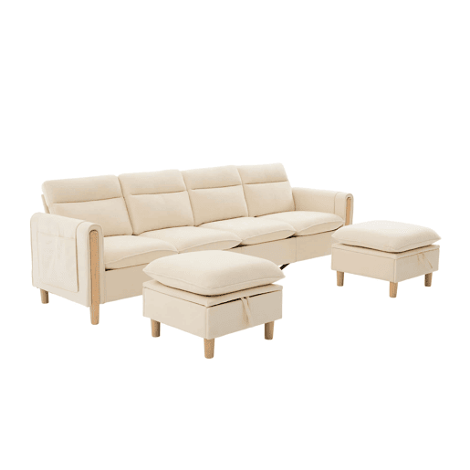 Sofá em U modular de 4 lugares u2014 com duas otomanas com espaço de arrumação, design modular com pés de madeira, tecido de chenille confortável u2014 bege