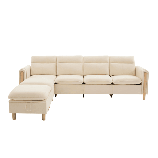 Sofá em U modular de 4 lugares u2014 com duas otomanas com espaço de arrumação, design modular com pés de madeira, tecido de chenille confortável u2014 bege