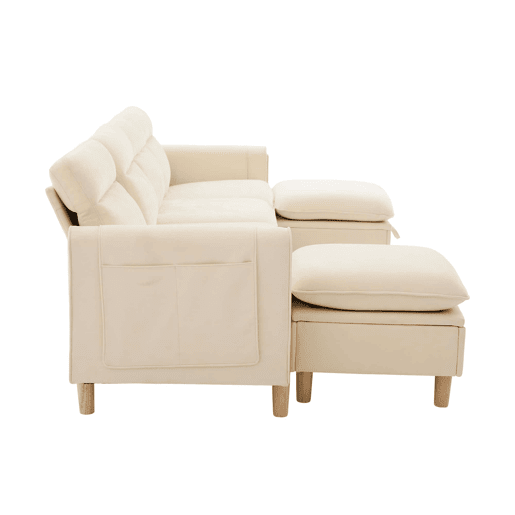 Sofá em U modular de 4 lugares u2014 com duas otomanas com espaço de arrumação, design modular com pés de madeira, tecido de chenille confortável u2014 bege