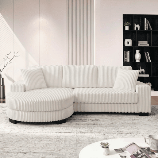 Sofá de canto modular em L 256,5 x 133,5 x 89 cm - Sofá de 4 lugares em veludo clássico com otomana oval e 2 almofadas, ideal para sala de estar, apartamento e escritório - Bege Sofá de canto modular em L 256,5 x 133,5 x 89 cm - Sofá de 4 lugares em veludo clássico com otomana oval e 2 almofadas, ideal para sala de estar, apartamento e escritório - Bege