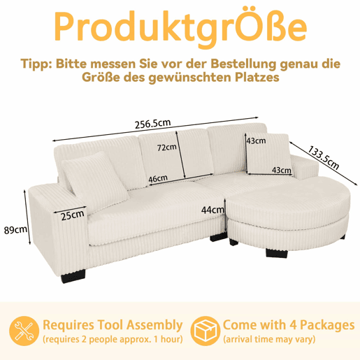 Sofá de canto modular em L 256,5 x 133,5 x 89 cm - Sofá de 4 lugares em veludo clássico com otomana oval e 2 almofadas, ideal para sala de estar, apartamento e escritório - Bege Sofá de canto modular em L 256,5 x 133,5 x 89 cm - Sofá de 4 lugares em veludo clássico com otomana oval e 2 almofadas, ideal para sala de estar, apartamento e escritório - Bege