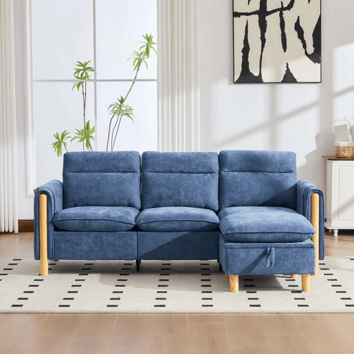 Sofá de canto em L de 3 lugares - estilo nórdico com pufe com espaço de arrumação, sofá em L com bolsos laterais e pés de madeira, chenille - azul Sofá de canto em L de 3 lugares - estilo nórdico com pufe com espaço de arrumação, sofá em L com bolsos laterais e pés de madeira, chenille - azul