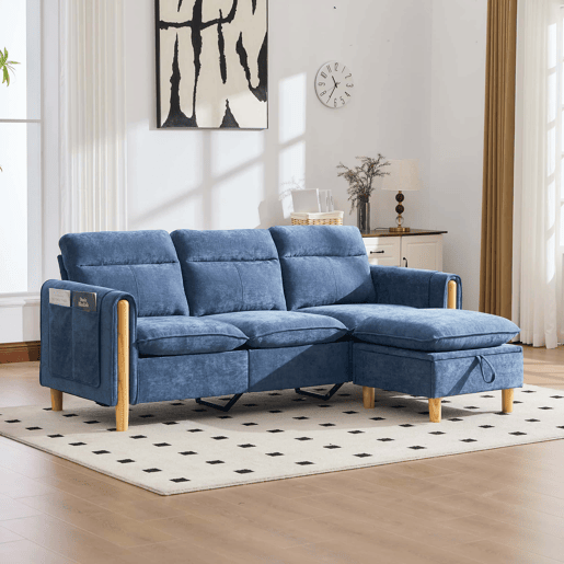 Sofá de canto em L de 3 lugares - estilo nórdico com pufe com espaço de arrumação, sofá em L com bolsos laterais e pés de madeira, chenille - azul Sofá de canto em L de 3 lugares - estilo nórdico com pufe com espaço de arrumação, sofá em L com bolsos laterais e pés de madeira, chenille - azul