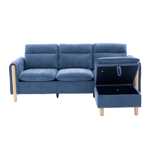 Sofá de canto em L de 3 lugares - estilo nórdico com pufe com espaço de arrumação, sofá em L com bolsos laterais e pés de madeira, chenille - azul Sofá de canto em L de 3 lugares - estilo nórdico com pufe com espaço de arrumação, sofá em L com bolsos laterais e pés de madeira, chenille - azul
