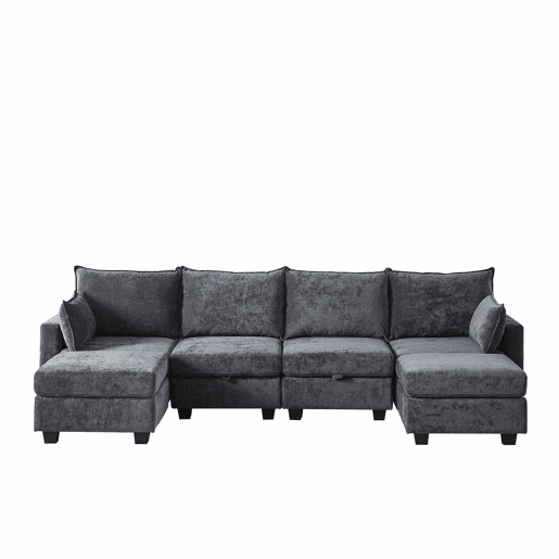 Sofá de canto modular em chenille com 4 lugares - em forma de U com otomana com arrumação e chaise longue - cinzento Sofá de canto modular em chenille com 4 lugares - em forma de U com otomana com arrumação e chaise longue - cinzento