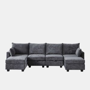 Sofá de canto modular em chenille com 4 lugares - em forma de U com otomana com arrumação e chaise longue - cinzento