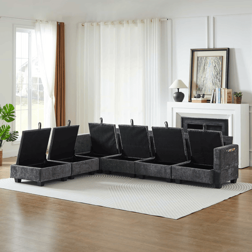Sofá de canto modular em chenille com 4 lugares - em forma de U com otomana com arrumação e chaise longue - cinzento Sofá de canto modular em chenille com 4 lugares - em forma de U com otomana com arrumação e chaise longue - cinzento