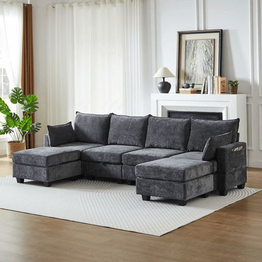 Sofá de canto modular em chenille com 4 lugares - em forma de U com otomana com arrumação e chaise longue - cinzento Sofá de canto modular em chenille com 4 lugares - em forma de U com otomana com arrumação e chaise longue - cinzento