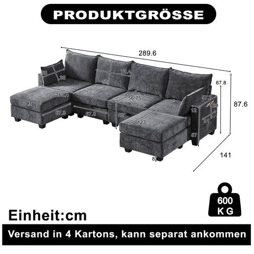 Sofá de canto modular em chenille com 4 lugares - em forma de U com otomana com arrumação e chaise longue - cinzento Sofá de canto modular em chenille com 4 lugares - em forma de U com otomana com arrumação e chaise longue - cinzento