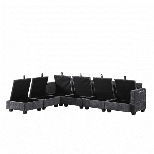 Sofá de canto modular em chenille com 4 lugares - em forma de U com otomana com arrumação e chaise longue - cinzento Sofá de canto modular em chenille com 4 lugares - em forma de U com otomana com arrumação e chaise longue - cinzento