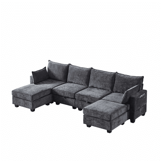 Sofá de canto modular em chenille com 4 lugares - em forma de U com otomana com arrumação e chaise longue - cinzento Sofá de canto modular em chenille com 4 lugares - em forma de U com otomana com arrumação e chaise longue - cinzento