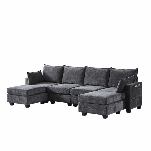 Sofá de canto modular em chenille com 4 lugares - em forma de U com otomana com arrumação e chaise longue - cinzento Sofá de canto modular em chenille com 4 lugares - em forma de U com otomana com arrumação e chaise longue - cinzento