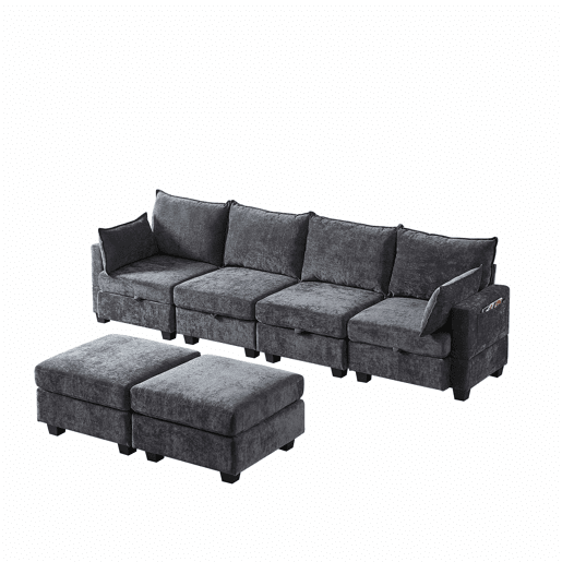 Sofá de canto modular em chenille com 4 lugares - em forma de U com otomana com arrumação e chaise longue - cinzento Sofá de canto modular em chenille com 4 lugares - em forma de U com otomana com arrumação e chaise longue - cinzento