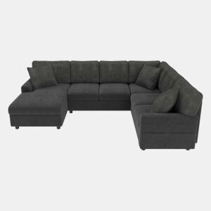 Sofá de canto em U, 249 x 196 cm u2013 6 lugares com chaise longue, almofadas, USB e Type-C, bolsos laterais u2013 Preto