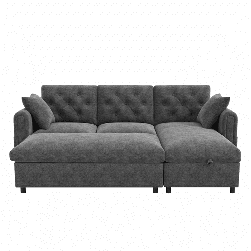 Sofá com chaise longue 219 x 131 x 86 cm - 3 lugares em veludo com espaço de arrumação, chaise reversível, braços com bolsos e encosto capitoné - Cinzento