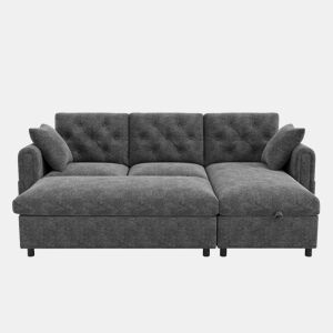 Sofá com chaise longue 219 x 131 x 86 cm - 3 lugares em veludo com espaço de arrumação, chaise reversível, braços com bolsos e encosto capitoné - Cinzento