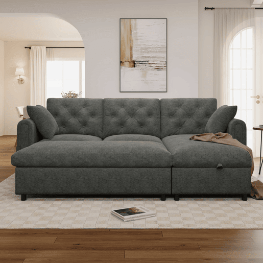Sofá com chaise longue 219 x 131 x 86 cm - 3 lugares em veludo com espaço de arrumação, chaise reversível, braços com bolsos e encosto capitoné - Cinzento