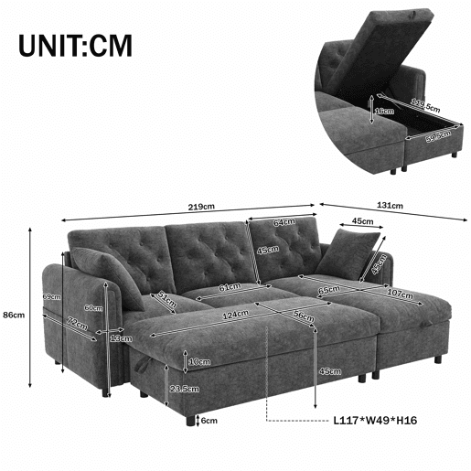 Sofá com chaise longue 219 x 131 x 86 cm - 3 lugares em veludo com espaço de arrumação, chaise reversível, braços com bolsos e encosto capitoné - Cinzento