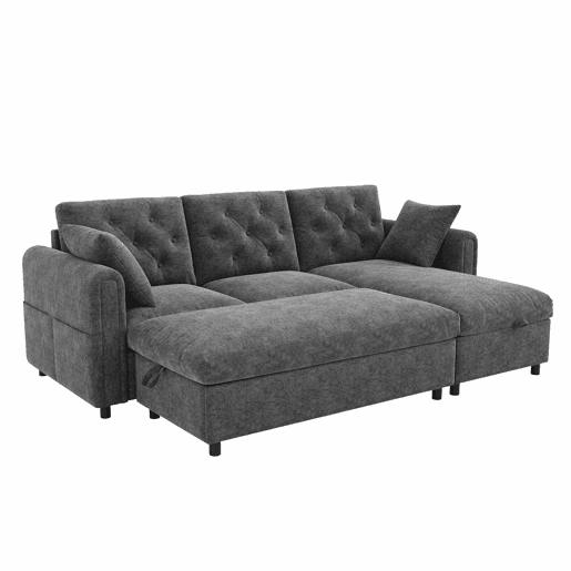 Sofá com chaise longue 219 x 131 x 86 cm - 3 lugares em veludo com espaço de arrumação, chaise reversível, braços com bolsos e encosto capitoné - Cinzento
