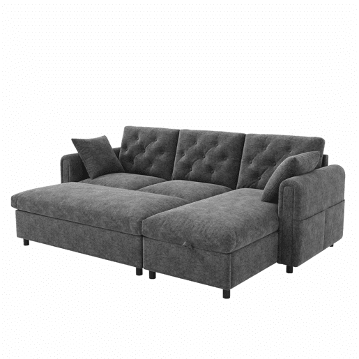 Sofá com chaise longue 219 x 131 x 86 cm - 3 lugares em veludo com espaço de arrumação, chaise reversível, braços com bolsos e encosto capitoné - Cinzento