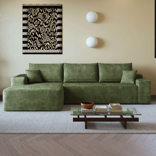 Sofá modular de canto de 270 cm - 3 lugares, chaise longue em L, assento profundo, sem montagem - Verde Sofá modular de canto de 270 cm - 3 lugares, chaise longue em L, assento profundo, sem montagem - Verde