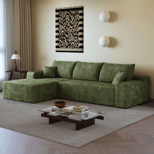 Sofá modular de canto de 270 cm - 3 lugares, chaise longue em L, assento profundo, sem montagem - Verde Sofá modular de canto de 270 cm - 3 lugares, chaise longue em L, assento profundo, sem montagem - Verde