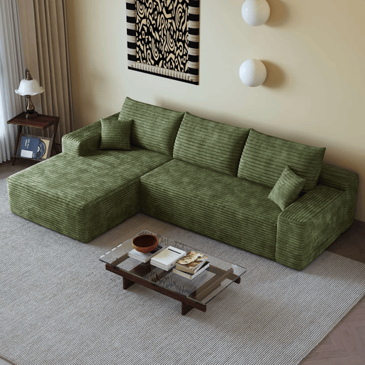 Sofá modular de canto de 270 cm - 3 lugares, chaise longue em L, assento profundo, sem montagem - Verde Sofá modular de canto de 270 cm - 3 lugares, chaise longue em L, assento profundo, sem montagem - Verde
