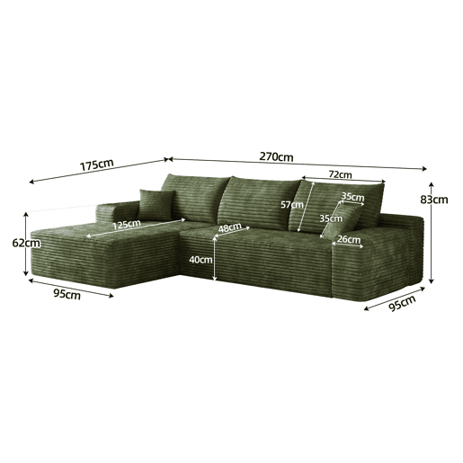 Sofá modular de canto de 270 cm - 3 lugares, chaise longue em L, assento profundo, sem montagem - Verde Sofá modular de canto de 270 cm - 3 lugares, chaise longue em L, assento profundo, sem montagem - Verde