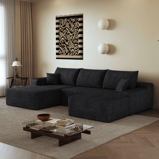 Sofá modular de canto de 270 cm - Chaise longue em L, assento profundo, sem montagem, 3 lugares - Preto Sofá modular de canto de 270 cm - Chaise longue em L, assento profundo, sem montagem, 3 lugares - Preto