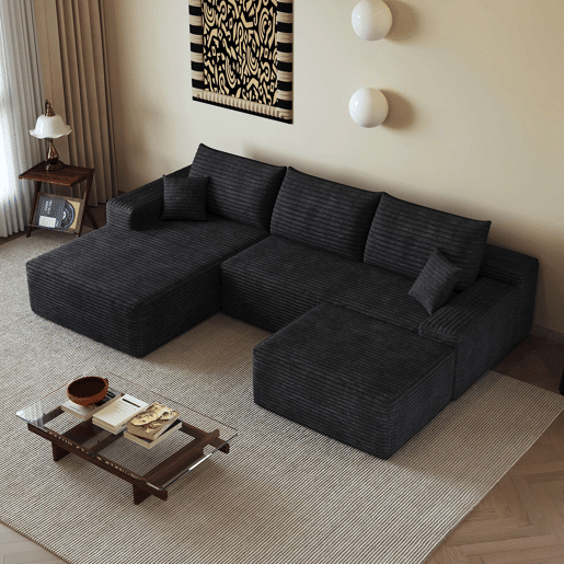 Sofá modular de canto de 270 cm - Chaise longue em L, assento profundo, sem montagem, 3 lugares - Preto Sofá modular de canto de 270 cm - Chaise longue em L, assento profundo, sem montagem, 3 lugares - Preto