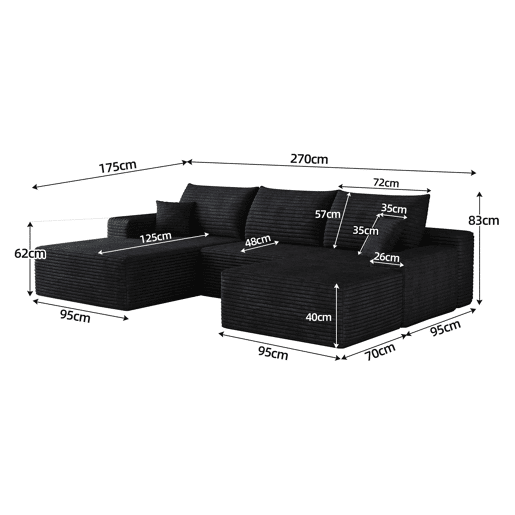 Sofá modular de canto de 270 cm - Chaise longue em L, assento profundo, sem montagem, 3 lugares - Preto Sofá modular de canto de 270 cm - Chaise longue em L, assento profundo, sem montagem, 3 lugares - Preto