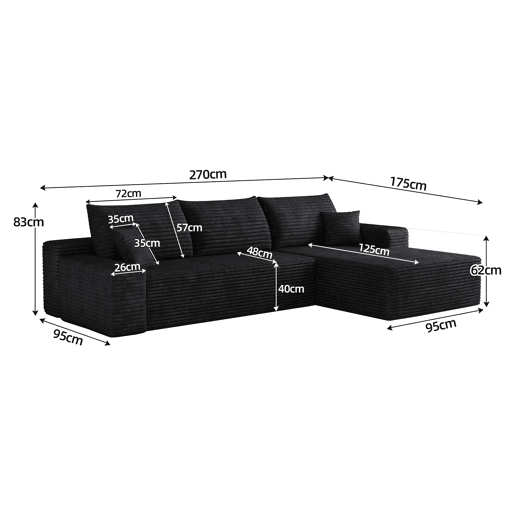 Sofá modular de canto de 270 cm - chaise longue em L, assento profundo, sem montagem, modular compactado - Preto Sofá modular de canto de 270 cm - chaise longue em L, assento profundo, sem montagem, modular compactado - Preto