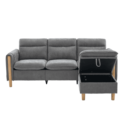 Sofá de canto nórdico de 3 lugares - em L, em chenille, com otomana com espaço de arrumação, bolsos laterais e pés de madeira - Cinza claro Sofá de canto nórdico de 3 lugares - em L, em chenille, com otomana com espaço de arrumação, bolsos laterais e pés de madeira - Cinza claro