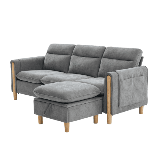 Sofá de canto nórdico de 3 lugares - em L, em chenille, com otomana com espaço de arrumação, bolsos laterais e pés de madeira - Cinza claro Sofá de canto nórdico de 3 lugares - em L, em chenille, com otomana com espaço de arrumação, bolsos laterais e pés de madeira - Cinza claro